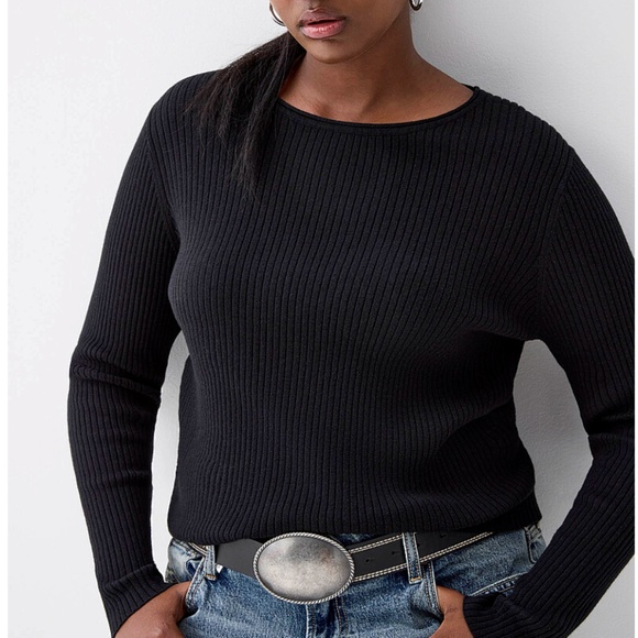 Black basic minimalist organic cotton blend ribbed long sleeve sweater NWT - Picture 1 of 8